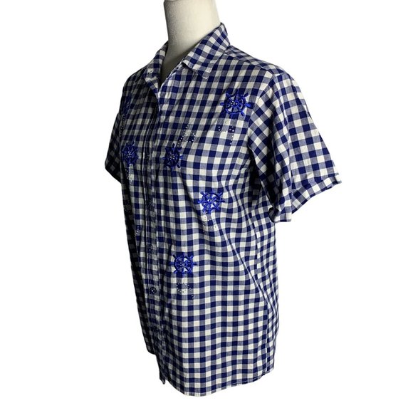 Quacker Factory Embroidered Button Up Shirt XXS Blue Gingham Short Sleeves - Picture 4 of 7